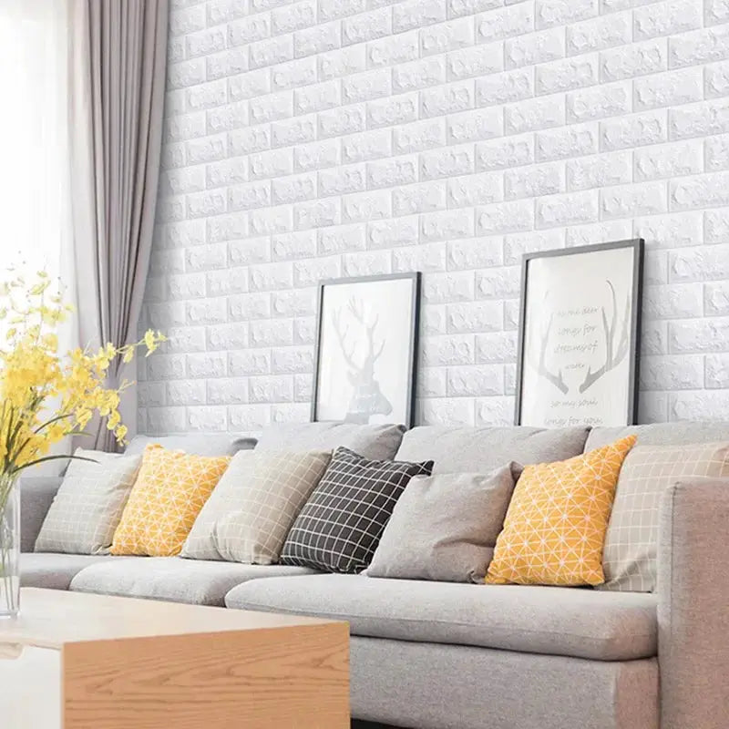 3D foam brick wall panels wallpaper; white, self-adhesive living room wall backdrop
