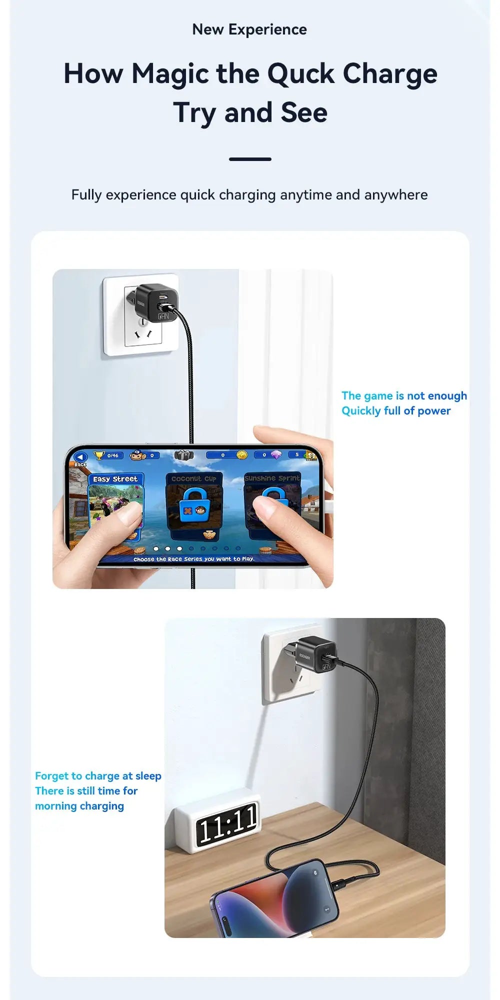Essager 20W GaN PD USB-C charger plugged into wall powering an iPhone with braided USB-C cable