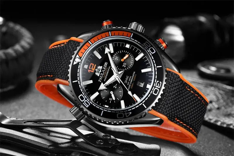 PAULAREIS P luxury men automatic watch with black dial, orange accents, chronograph subdials, date, orange rubber strap.