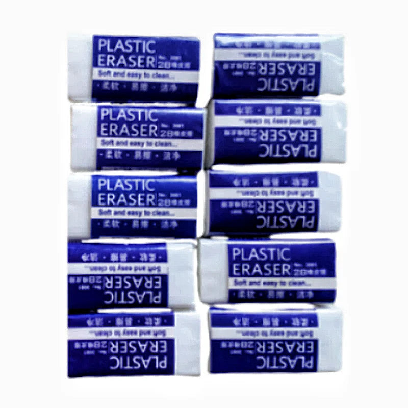 Plastic erasers, white with blue packaging, 8-pack