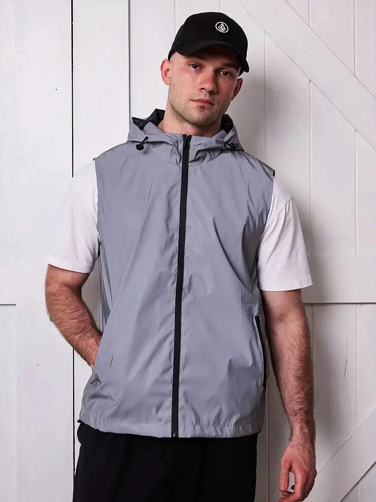 Night Reflective Vest for Men by Simples Market; light-gray hooded sleeveless vest with front zipper and pockets