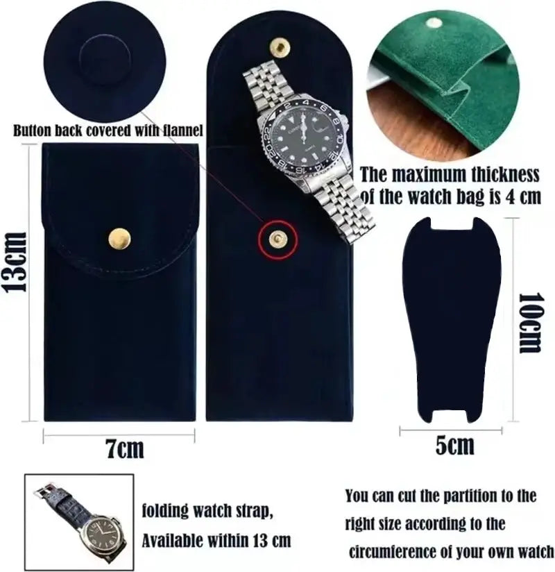 Blue and black flannelette watch bag with button closure; durable travel case with dust protection, 16x7 cm