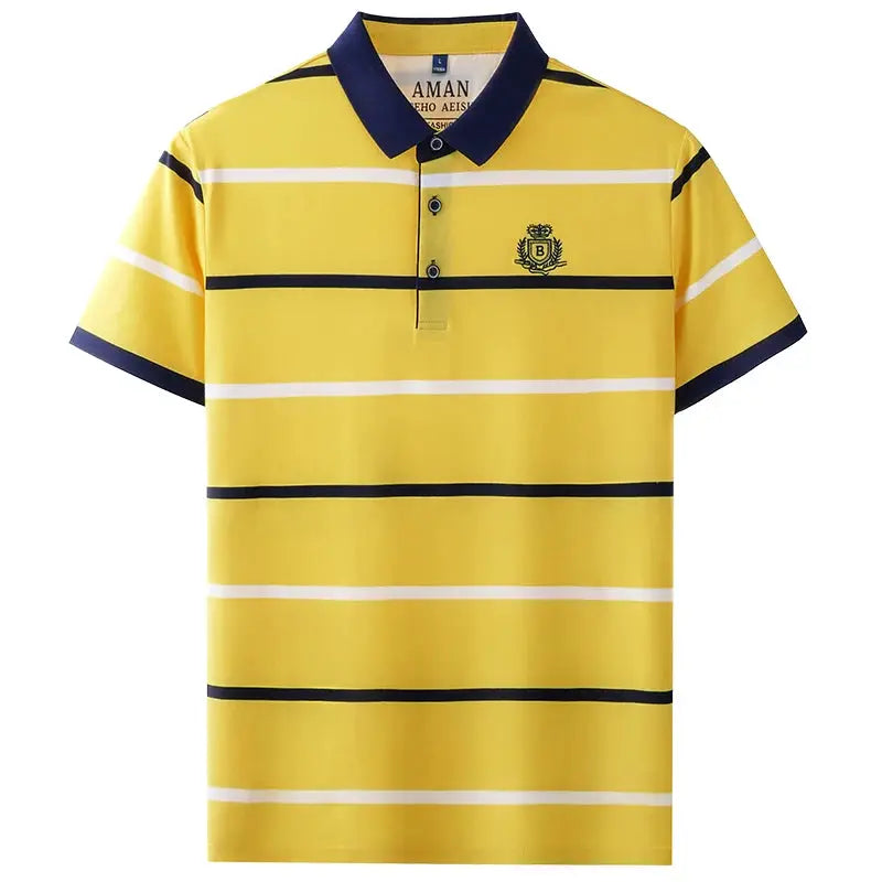 Men's yellow striped polo shirt by Simples Market with navy collar and chest crest embroidery