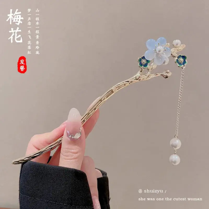 Elegant Chinese Style Romantic Enameled Flower Tassel Hair Clip Alloy Jewelry Hairpin For Women Fashion Accessory