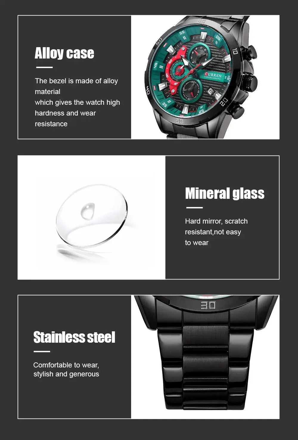 Curren 8402 men's stainless steel watch with green luminous chronograph dial