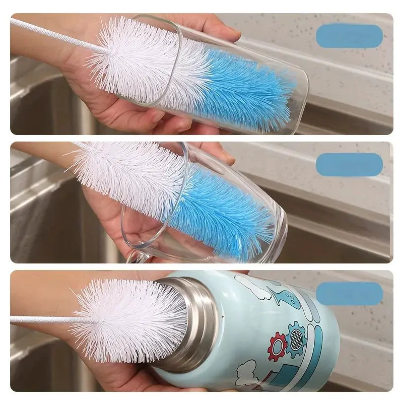 Simples Market long-handle cup brush with white and blue bristles, ideal for glass milk bottles and tea cups.