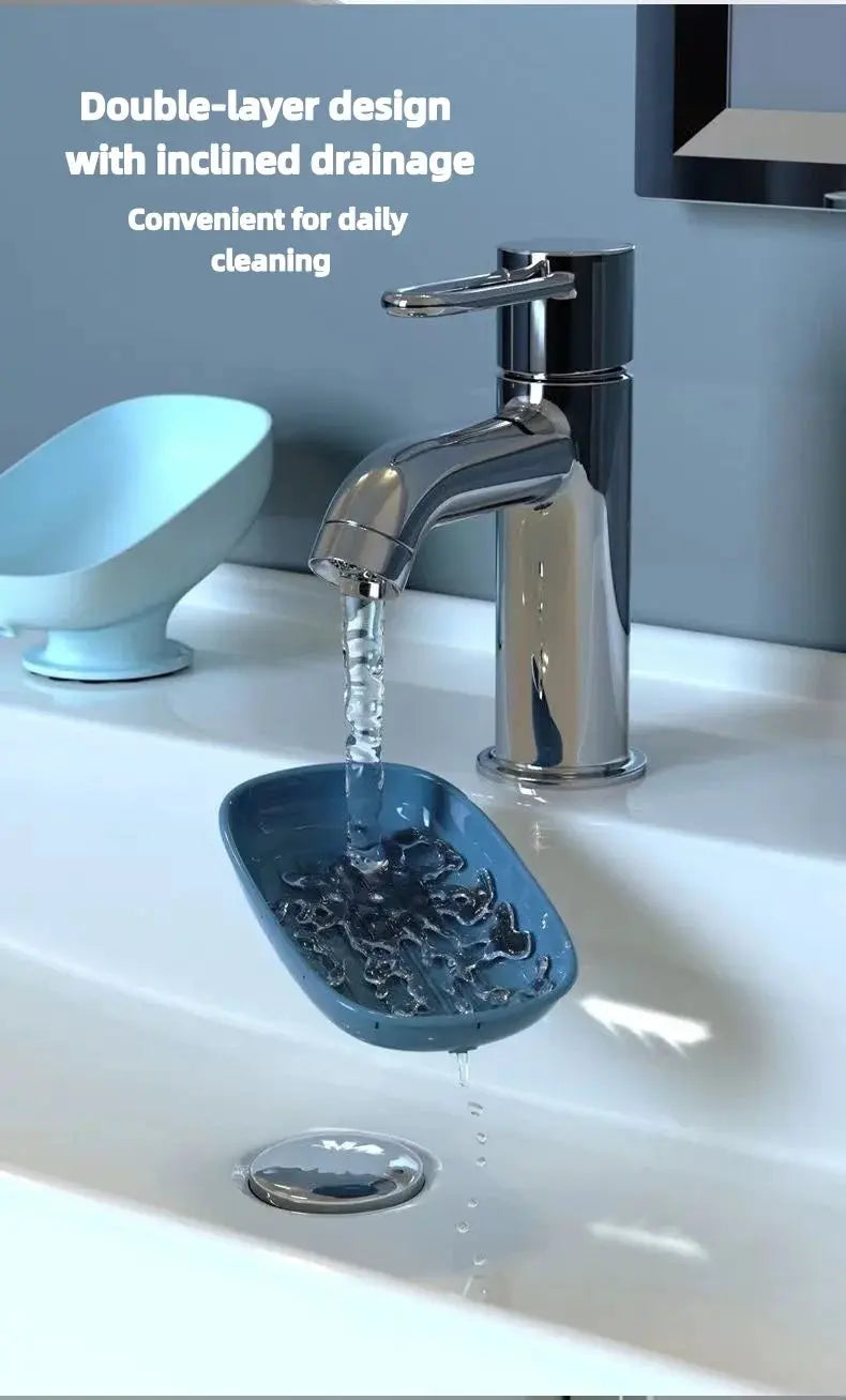 Blue suction-cup soap holder with drainage for bathroom sink and sponge