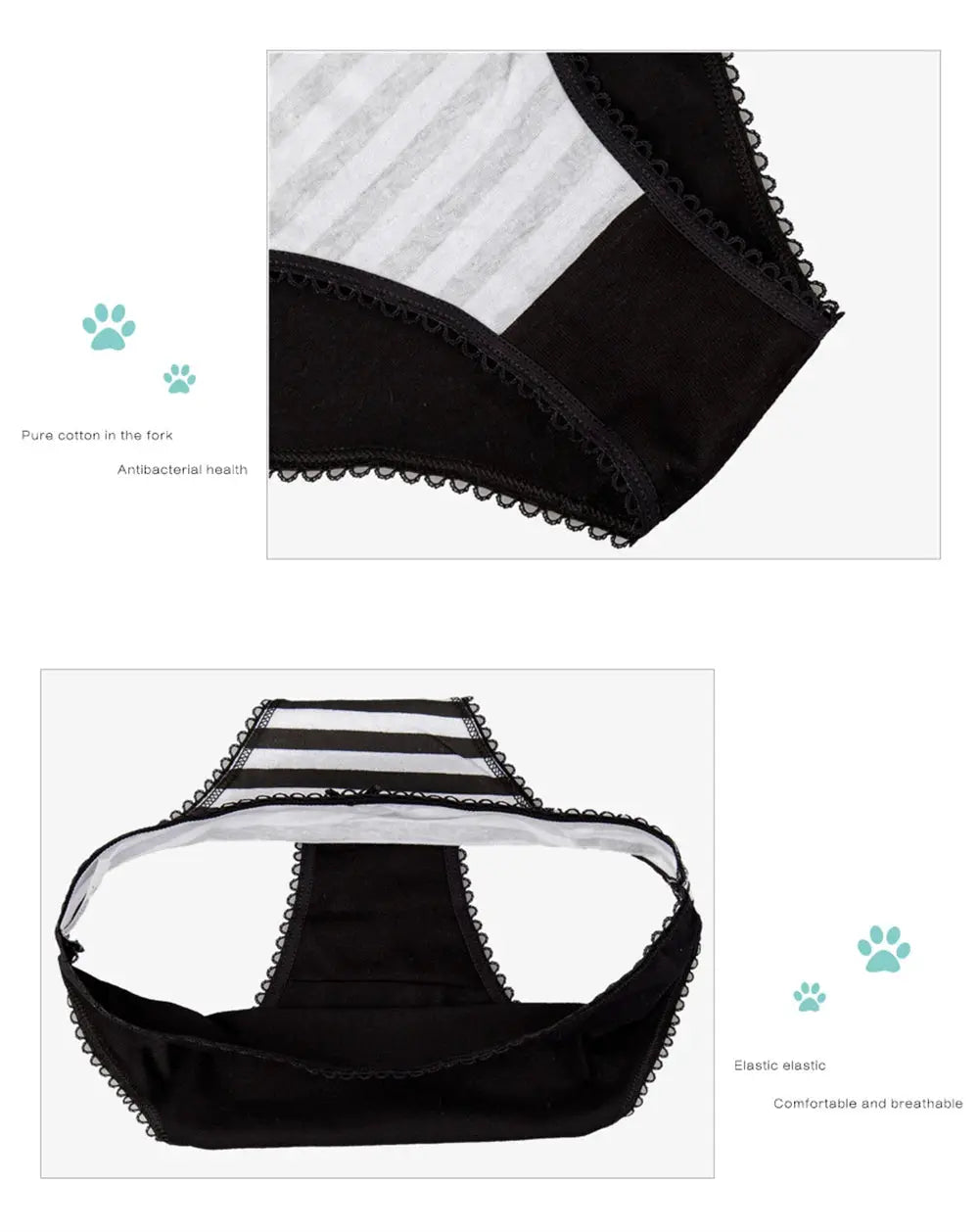 Women’s cotton lace bikini panties, black with striped waistband, 2-piece set