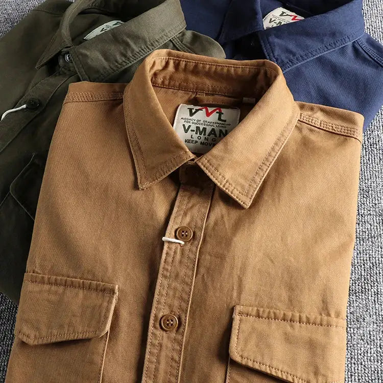 Men's work shirts set of 3 in khaki, olive and navy with front pockets and button placket, retro-wash finish, loose fit, Simples Market