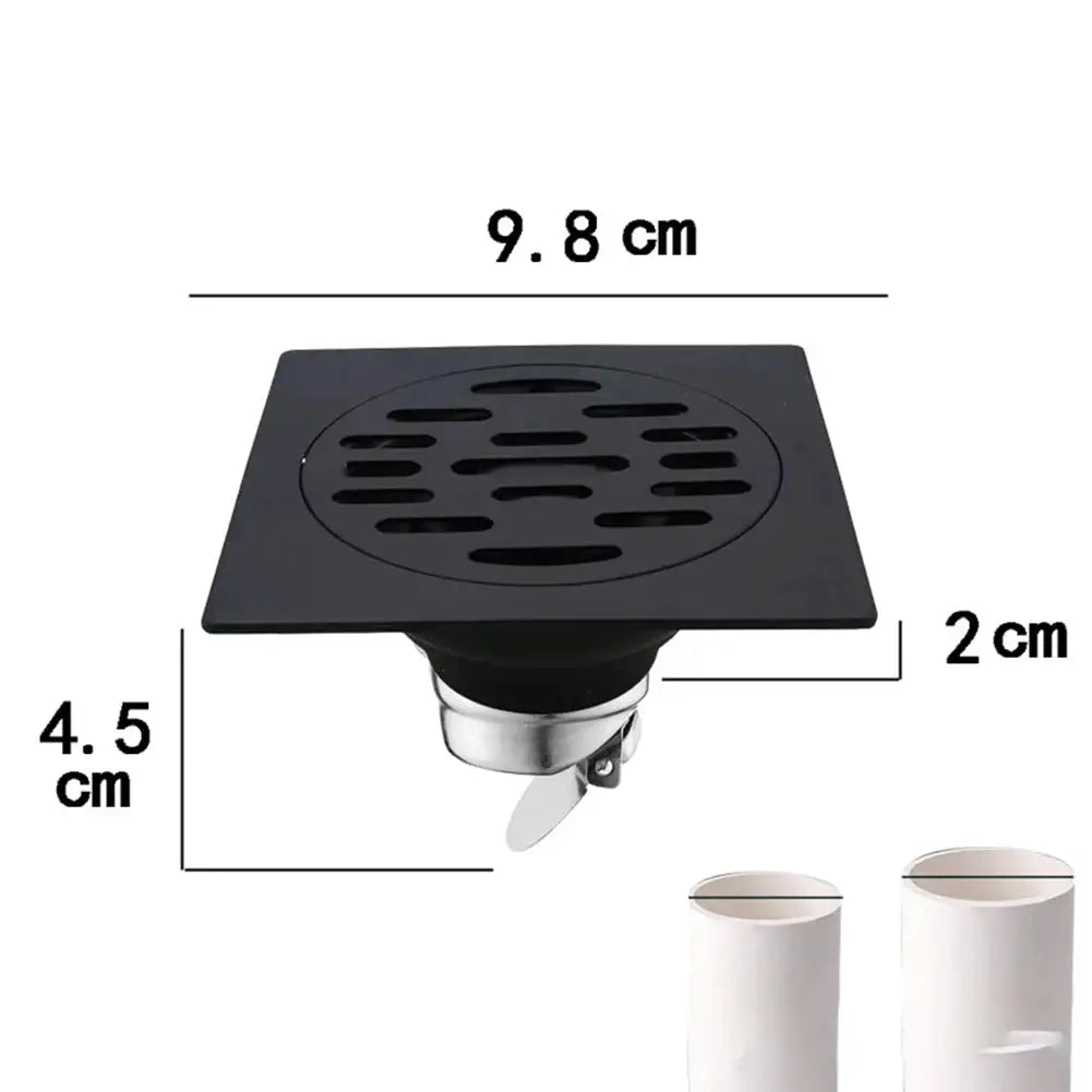 Shower floor drain backflow preventer, stainless steel with black square anti-odor insect-proof grate, 9.8 cm wide