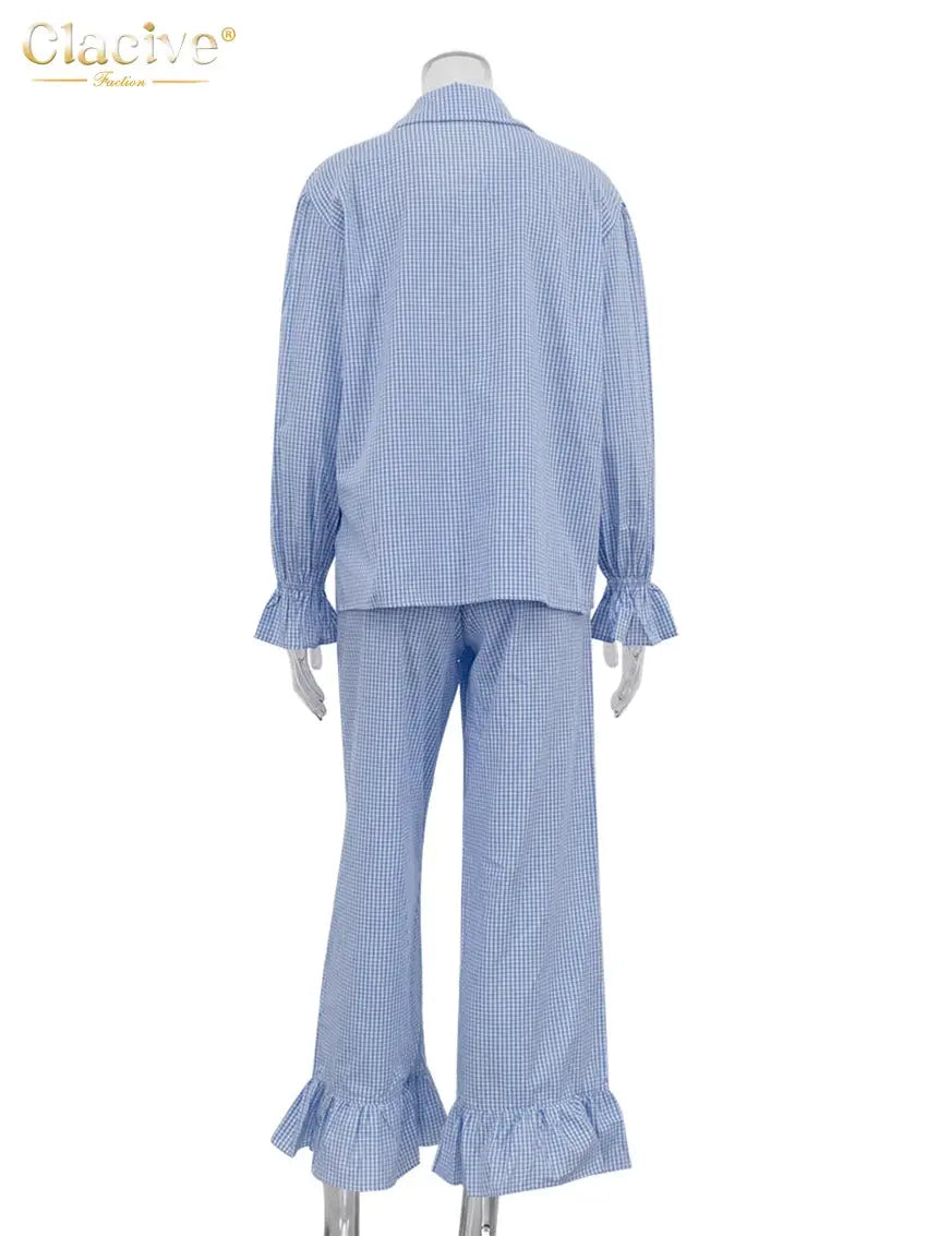 Clacive Plaid Cotton 3 Piece Set Long Sleeve Shirt High Waist Pants