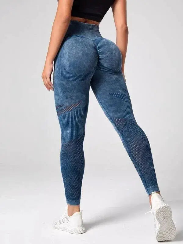 Ladies' Summer Quick Dry Yoga Leggings in blue with high waist and textured panels by Simples Market