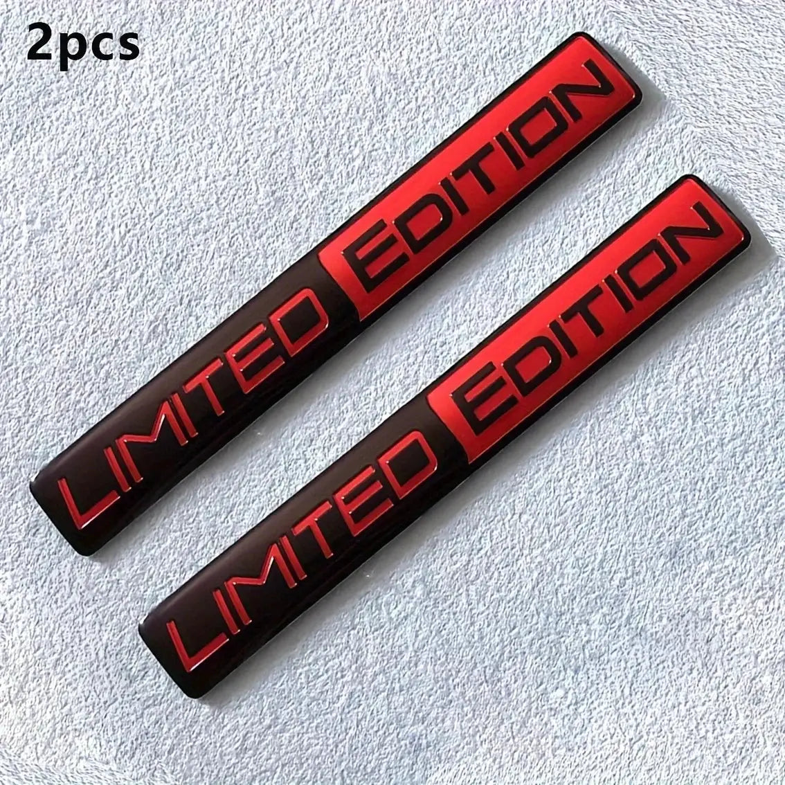 2pcs Limited Edition 3D metal badges, red lettering on black, for car rear trunk and side fender.