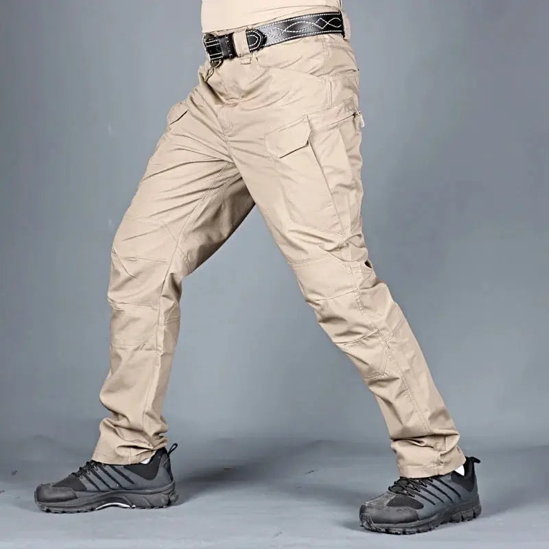 Simples Market men's tactical cargo pants, khaki combat trousers with multiple pockets and belt, size 6XL
