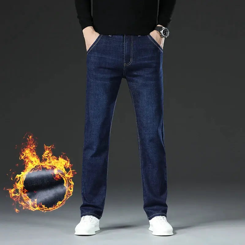 Men's winter fleece jeans, dark blue denim, straight-leg thermal trousers by Simples Market