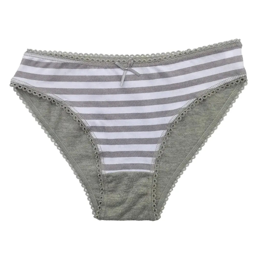 Women’s striped cotton lace bikini panties with grey trim and bow