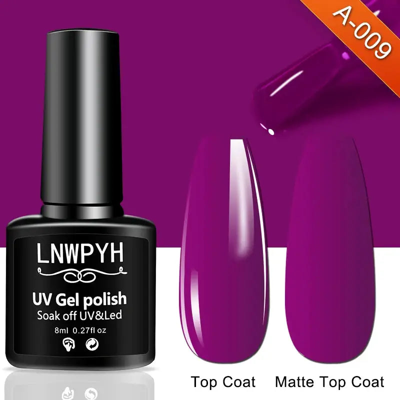 Gel nail polish kit with purple UV gel bottle and two purple nails, top coat and matte top coat