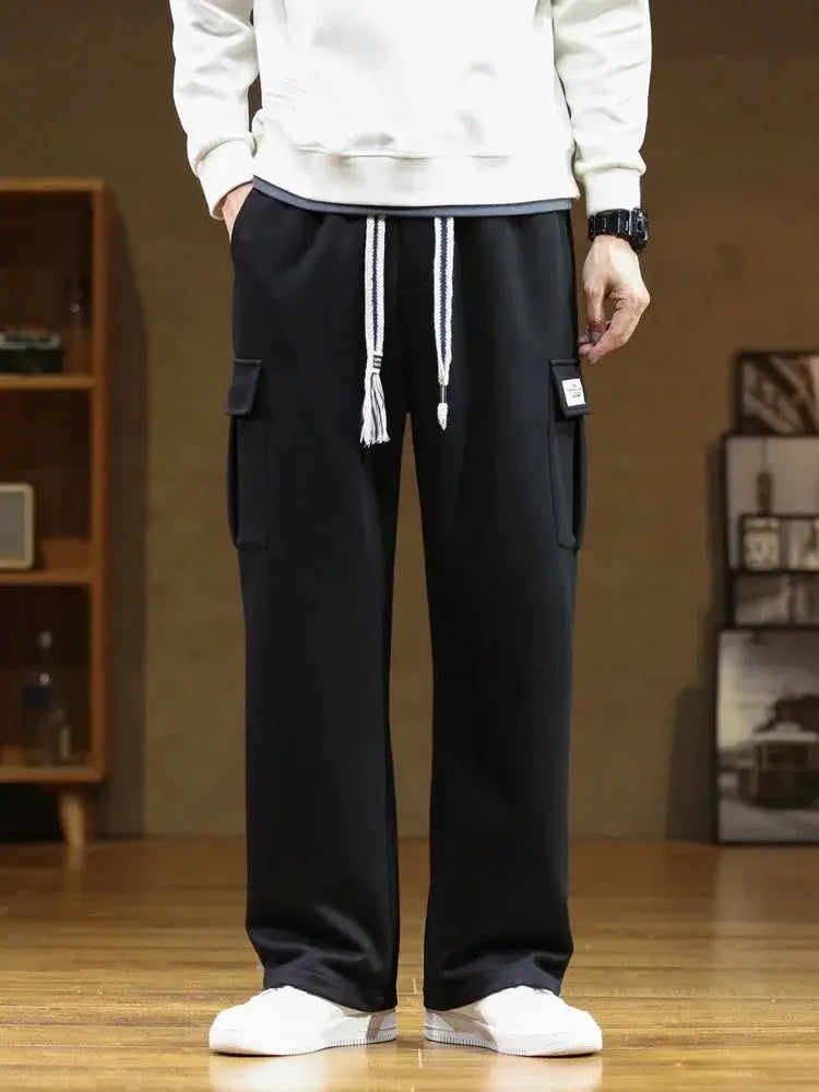 Men's black cotton cargo sweatpants with multiple pockets, drawstring waist, casual loose wide-leg trousers, size 8XL