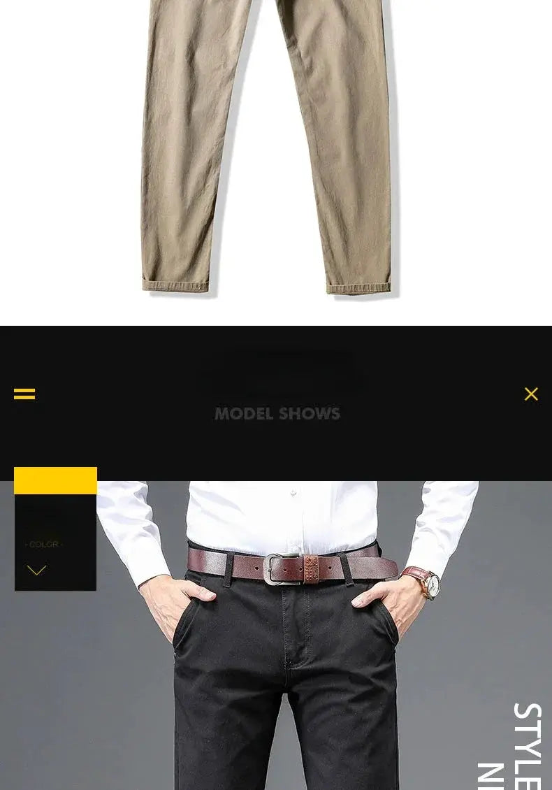 Men's straight pants, 2 pairs shown: beige cotton pants and black business casual trousers