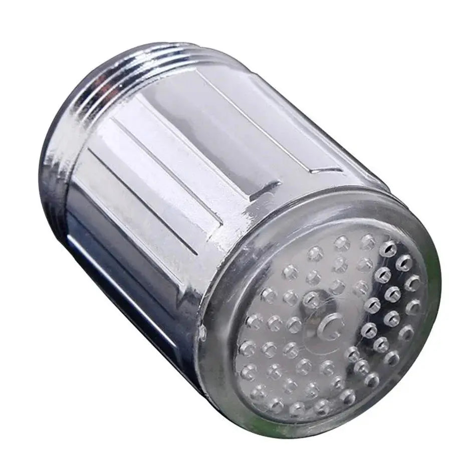 LED faucet head glow water-saving aerator with 3-color changing light, chrome finish.