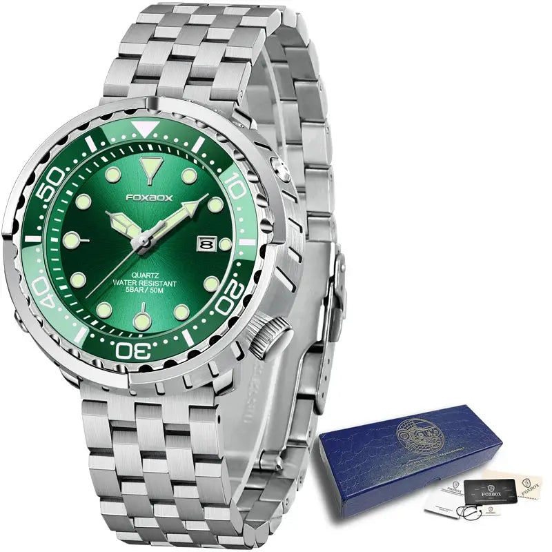 LIGE men's diver watch with stainless steel band, green dial and bezel, date window, 50ATM water resistant