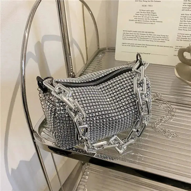 Allover Rhinestone Bucket Bag With Glitter Chain Prom Purse, Women's Mini Crossbody Bag
