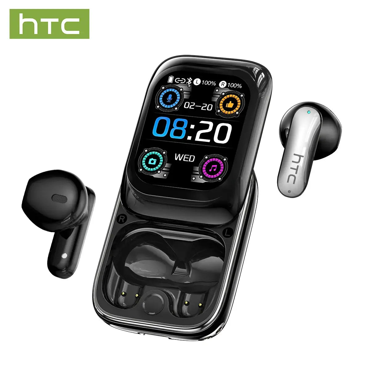 HTC NE48 TWS wireless earbuds with AI translation touchscreen charging case, black; 2 earbuds