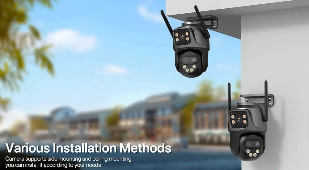 IP cameras, two outdoor black units with wall/ceiling mounts and antennas for home security surveillance
