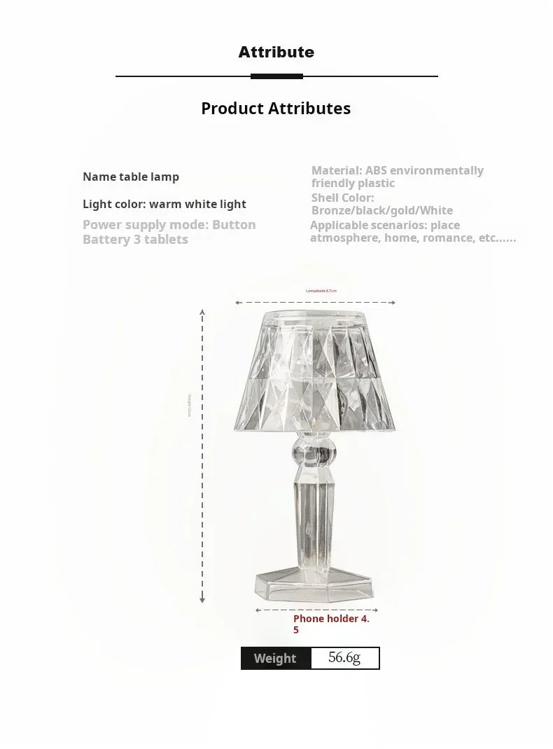 Mini crystal table lamp by Simples Market, color-changing LED bedside lamp, battery-powered.