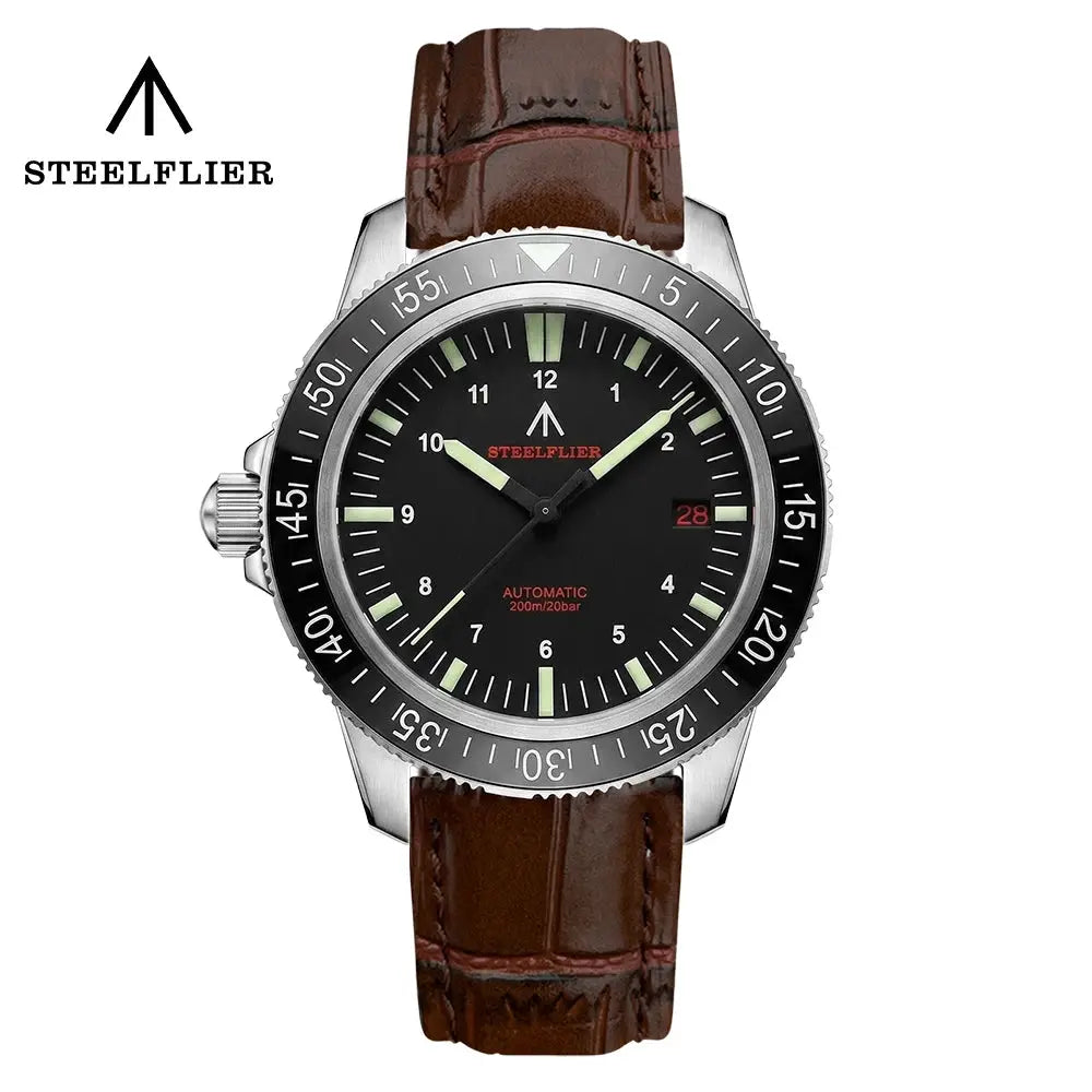 STEELFLIER SF783 automatic dive watch with ceramic bezel, black dial, brown leather strap, 200m water resistance