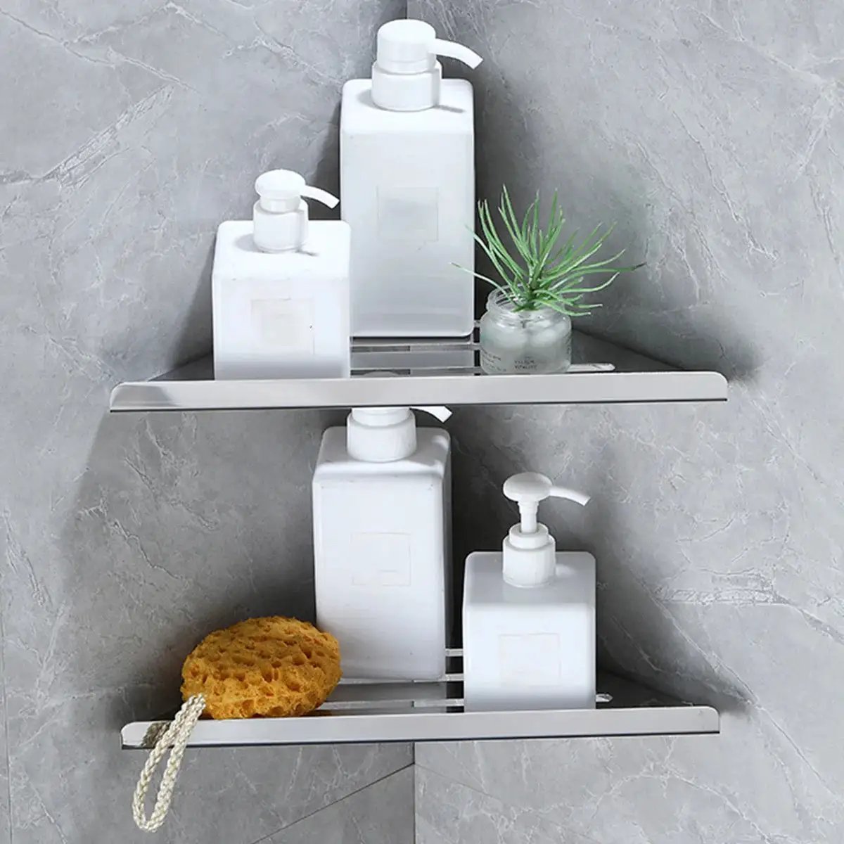 Bathroom corner shower shelf, 304 stainless steel, no-drill three-tier rack with white pump bottles