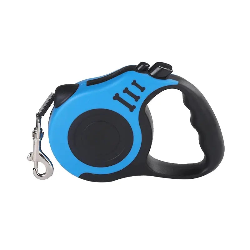 Simples Market retractable dog leash, blue and black nylon lead with metal clasp.