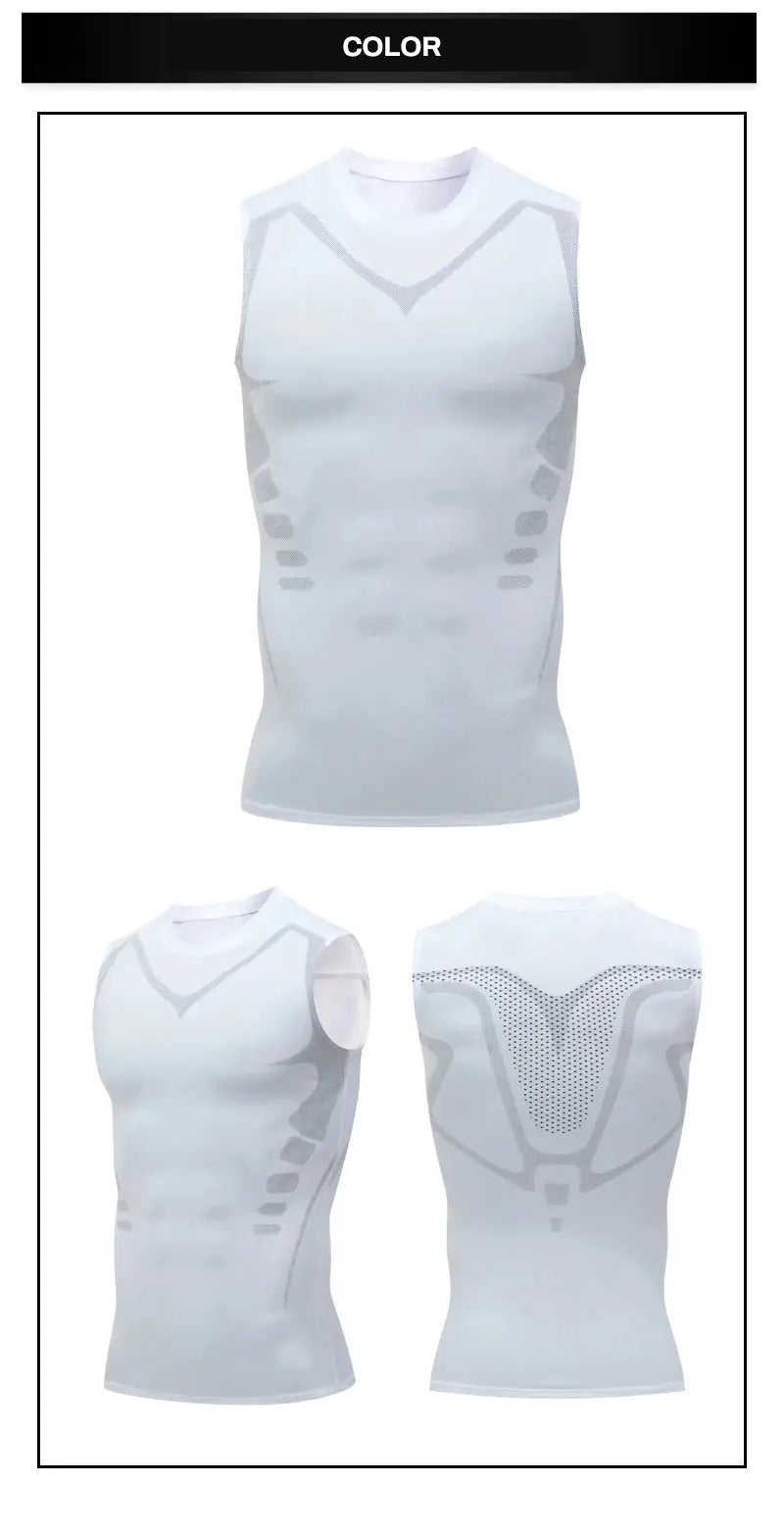 Simples Market men's compression tank top, white sleeveless gym shirt with gray mesh panels; front, side, and back views