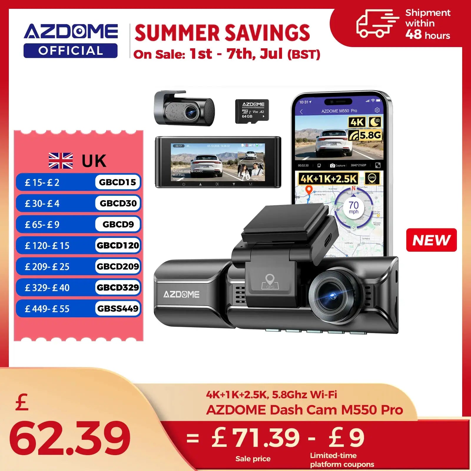 AZDOME M550 Pro dash cam with 4K front camera, GPS, 5.8GHz Wi‑Fi, microSD card and mount