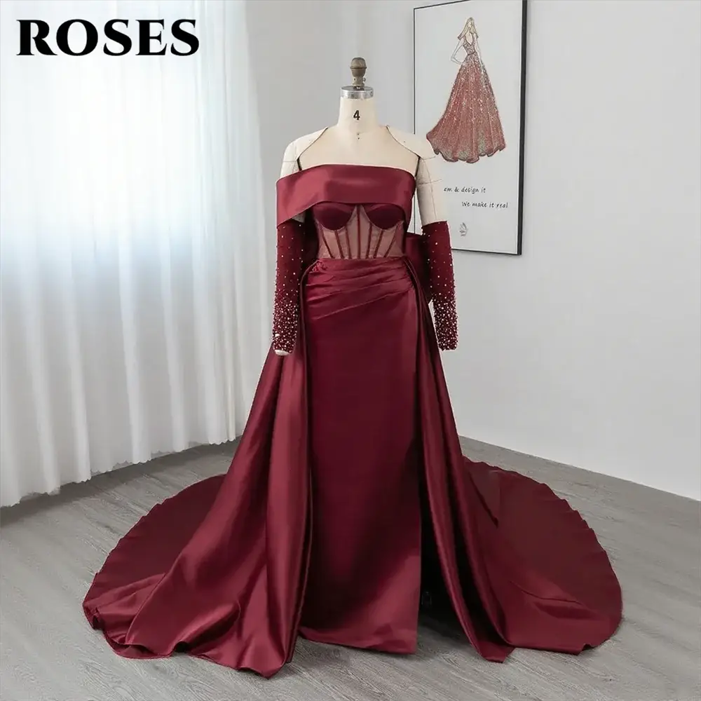 Roses Burgundy Mermaid Prom Dress One Shoulder Beading Bow Sleeve