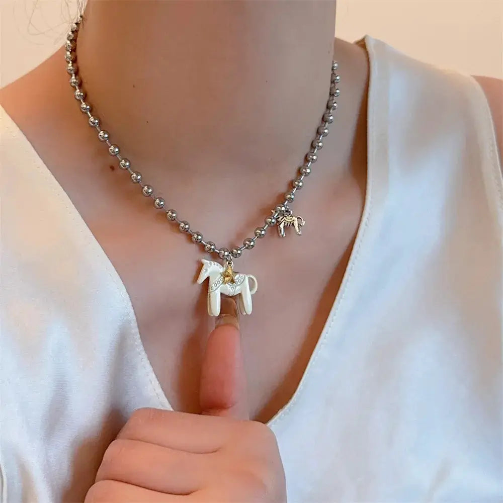 LATS Enamel Colt Horse Pendant Necklace For Women Colorful Silver Plated Alloy Beads Chain Choker