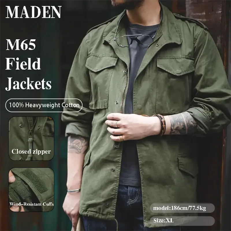 Maden M65 Field Jacket for men in green heavyweight cotton with zip front and pockets