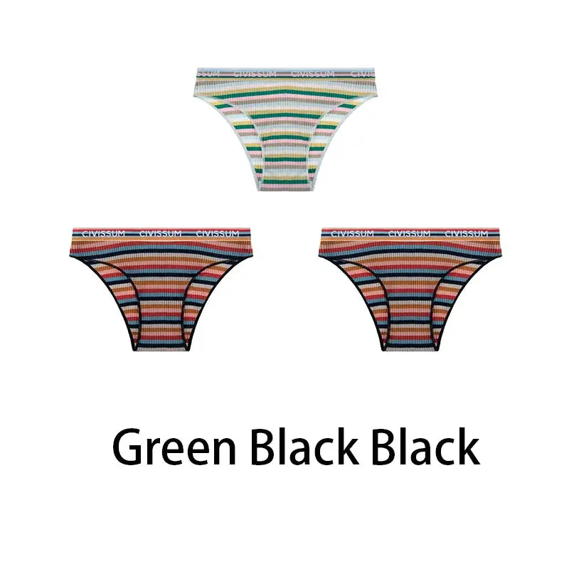 3-pack women's cotton hipster panties with rainbow striped patterns; low-rise briefs