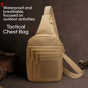 Simples Market tactical chest bag in tan with multiple zip pockets and crossbody strap.