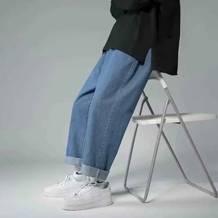 Men's boyfriend loose denim cargo pants, light blue washed, wide-leg with rolled cuffs