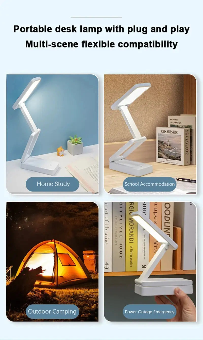 Folding LED desk lamp, white, rechargeable, adjustable arm; eye-protective light for dorm and study.