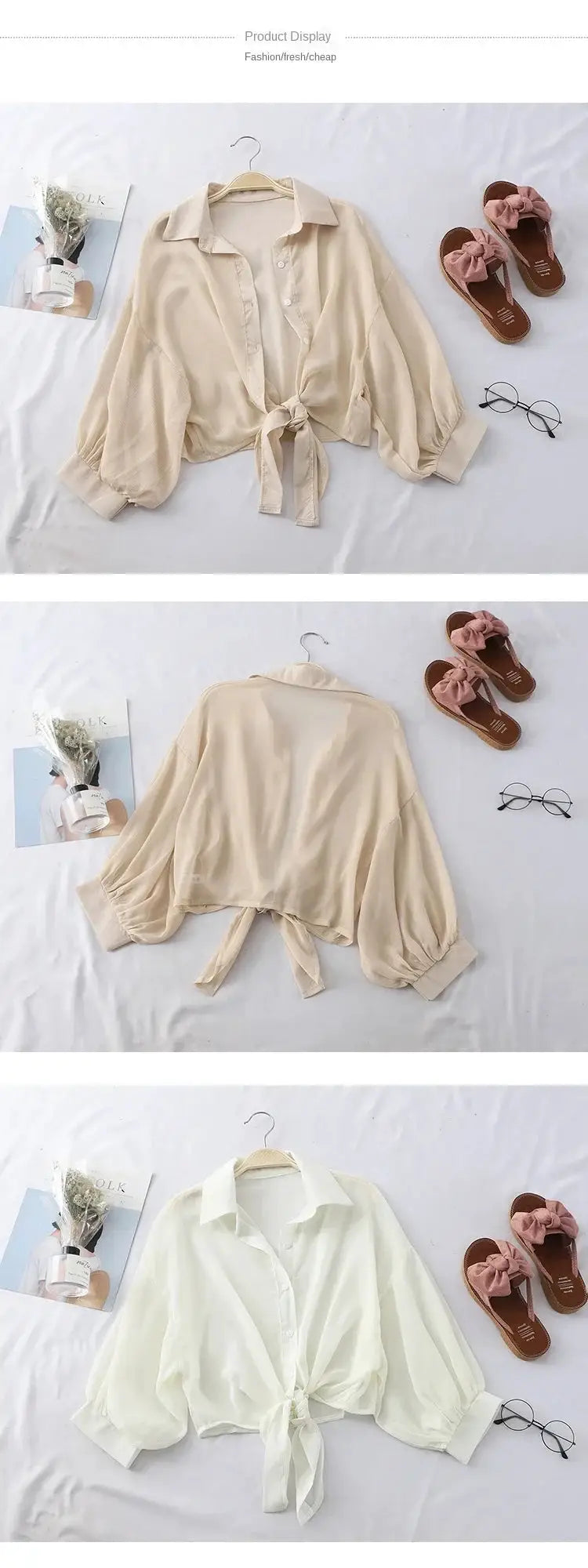 Chiffon tied-waist blouse by Simples Market; beige/cream and white colors, 3 colorways