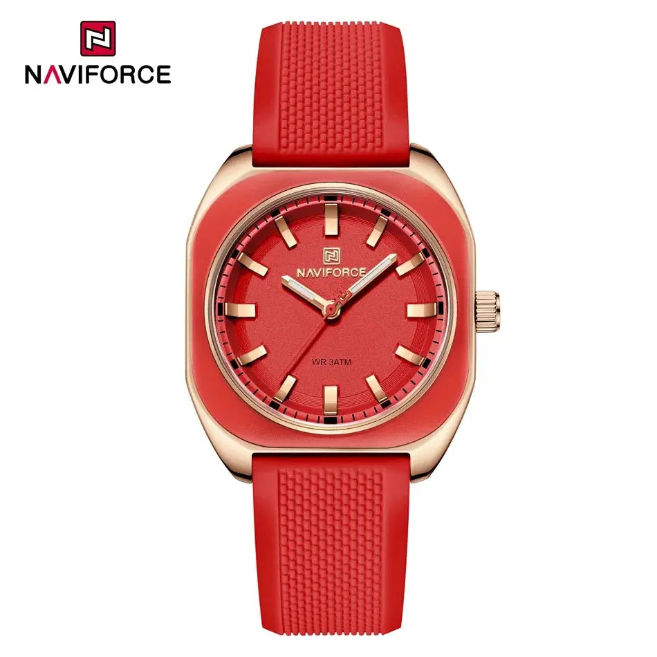 NAVIFORCE women's silicone strap watch with red dial and rose-gold case