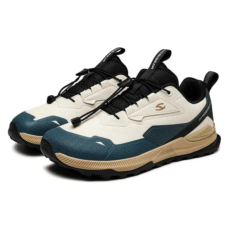 HOBIBEAR unisex running shoes pair with elastic band, cream upper, teal toe cap, tan midsole