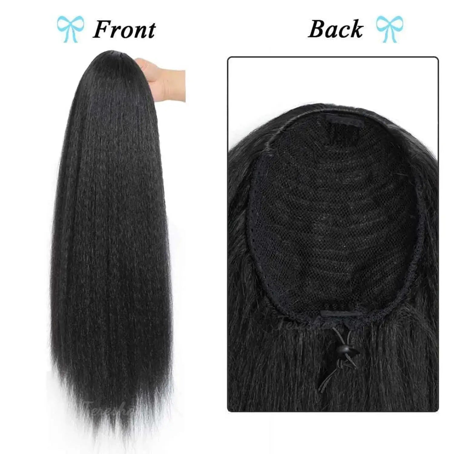 Synthetic Yaki drawstring ponytail extension with bangs in long black straight hair; back shows cap and drawstring.