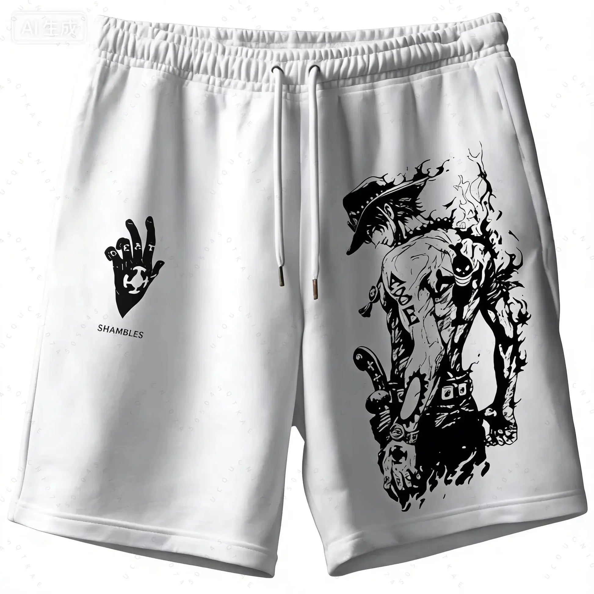 One Piece Luffy Sauron peripheral printed men's shorts, white, breathable with drawstring waist by Simples Market