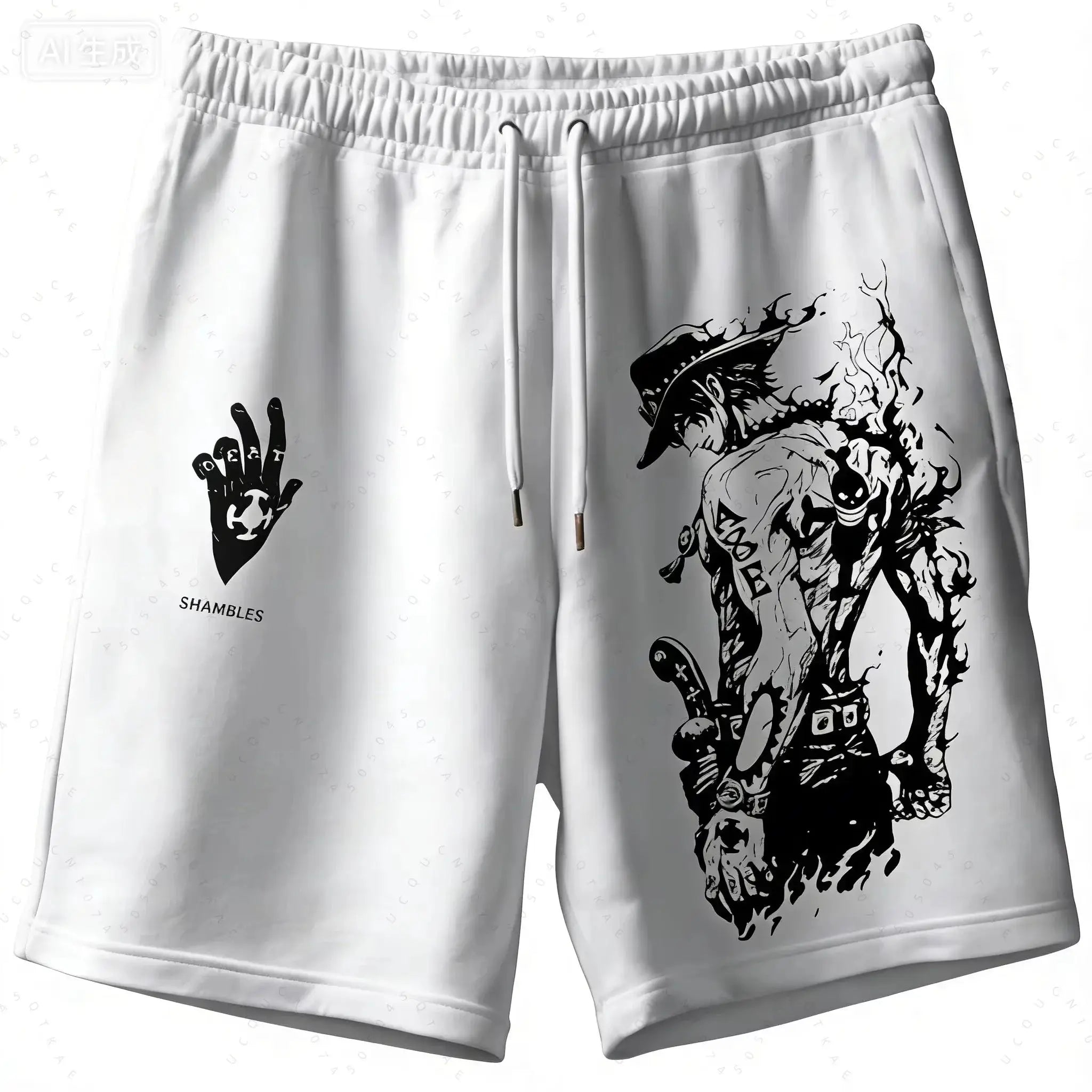 One Piece Luffy Sauron peripheral printed men's shorts, white, breathable with drawstring waist by Simples Market