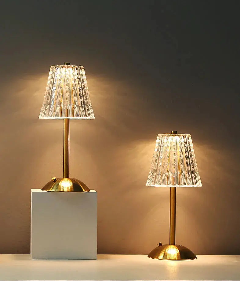 Crystal retro table lamp set with gold-brass bases and faceted glass shades, two sizes for bedroom bedside use