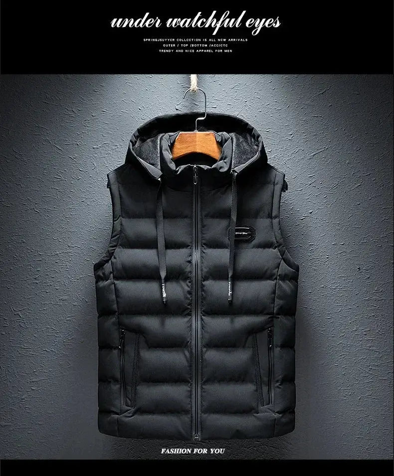 Men's sleeveless hooded vest, black cotton-padded with zip front and pockets, plus size 6XL