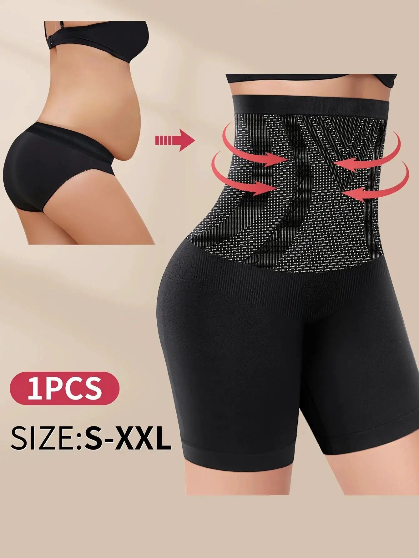 1pc Simples Market black high-waist seamless tummy-control shapewear shorts with mesh panel
